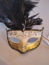 NWT Gold White Glitter Eye Mask, Blk Ostrich Feathers, Mardi Gras, Masquerade