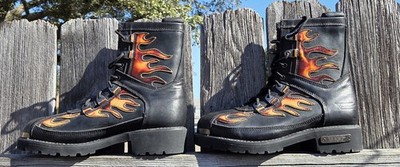 Xelement Men's Black Leather Flames Motorcycle Lace-Up Boots Size 11 M