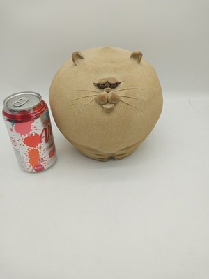 Vintage FAT CAT Stoneware Pottery Piggy Bank Studio Art Grumpy Cat Cork Bottom