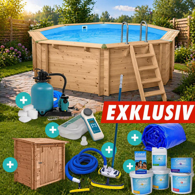 Holzpool Bali 8-Eck Ø 440 cm Set Pumpenhaus Sandfilter Solarplane Pflege Leiter