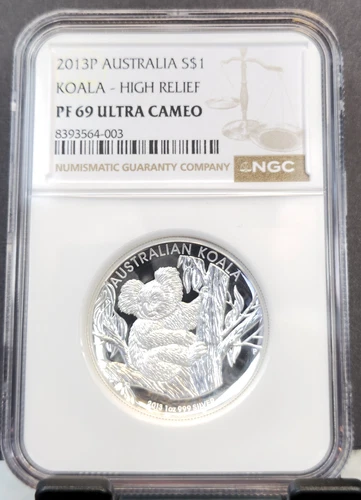 2013 AUSTRALIA SILVER 1 DOLLAR KOALA HIGH RELIEF NGC PF 69 ULTRA CAMEO GEM PROOF
