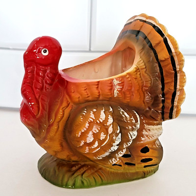 VTG INARCO Ceramic Turkey Planter Flower Vase Thanksgiving Centerpiece Japan