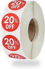 1000 Stickers, Discount Percent Off, 1 Inch Round, Promotion Labels (20 Off Red)