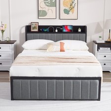 Full/Queen Bed Frame with Storage Upholstered Headboard and Charging Station