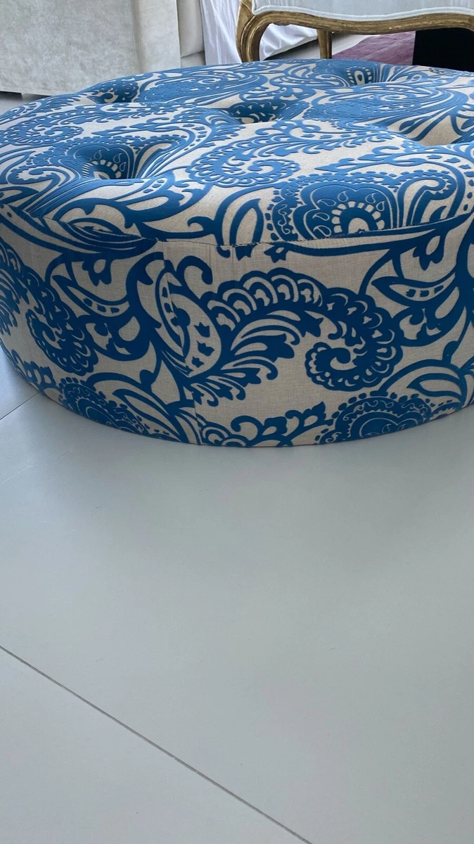 Large Round Blue Pattern Ottoman Coffee Table or Foot Stool