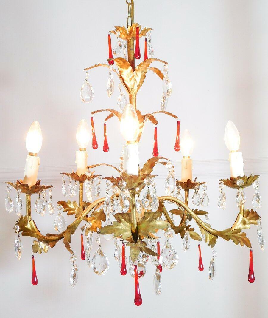 Vintage 5 Light Bronzed Tole Chandelier with Crystals and Ruby Red Glass Drops