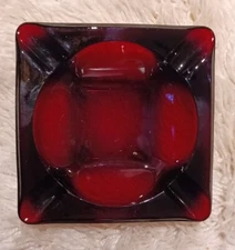 VINTAGE ASHTRAY 6” SQUARE RUBY RED GLASS CIGAR MADMEN MANCAVE MID CENTURY MODERN