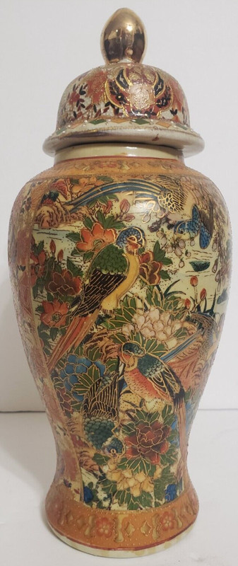 Vintage Satsuma Urn Heavy Gold Trim & Accents 12" Tall, 5 1/2" Wide
