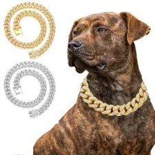 Pet Cat Dog Collar Cuban Chain Gold Silver Plated Cubic Zirconia Iced Necklace