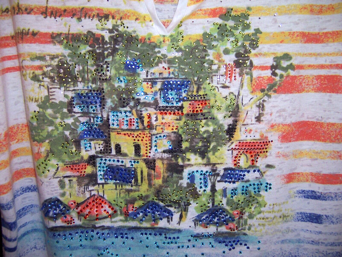 ONQUE WOMAN SZ XL Mediterranean Scene Rhinestone Top Shirt EUC | eBay