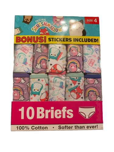 Squishmellows Kids 10 Pack Underwear Girls Briefs Panties Size 4 Bonus Stickers: - Picture 2 of 3