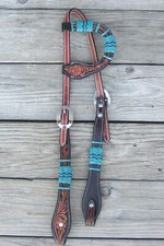 Teal Two Tone Leather Double Buckle One Ear Headstall 30093