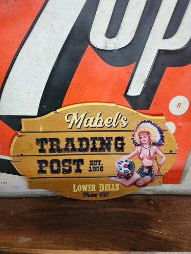 1950'S VINTAGE MABEL'S TRADING POST STORE PORCELAIN SIGN  12" X 7"