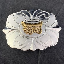 Covered Wagon Belt Buckle Western Cowboy Vintage Chrome Silver Tone Gold Tone