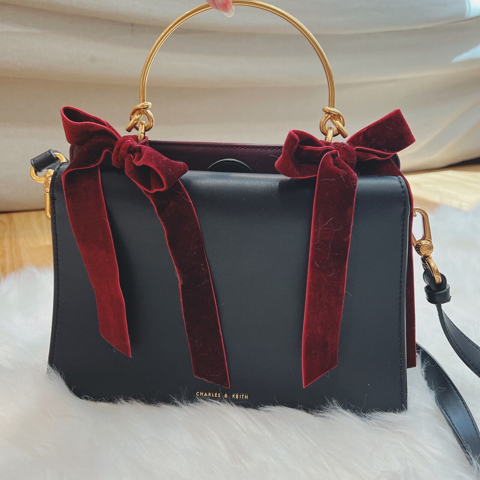 Charles Keith Velvet Bow Detail Top Handle Bag