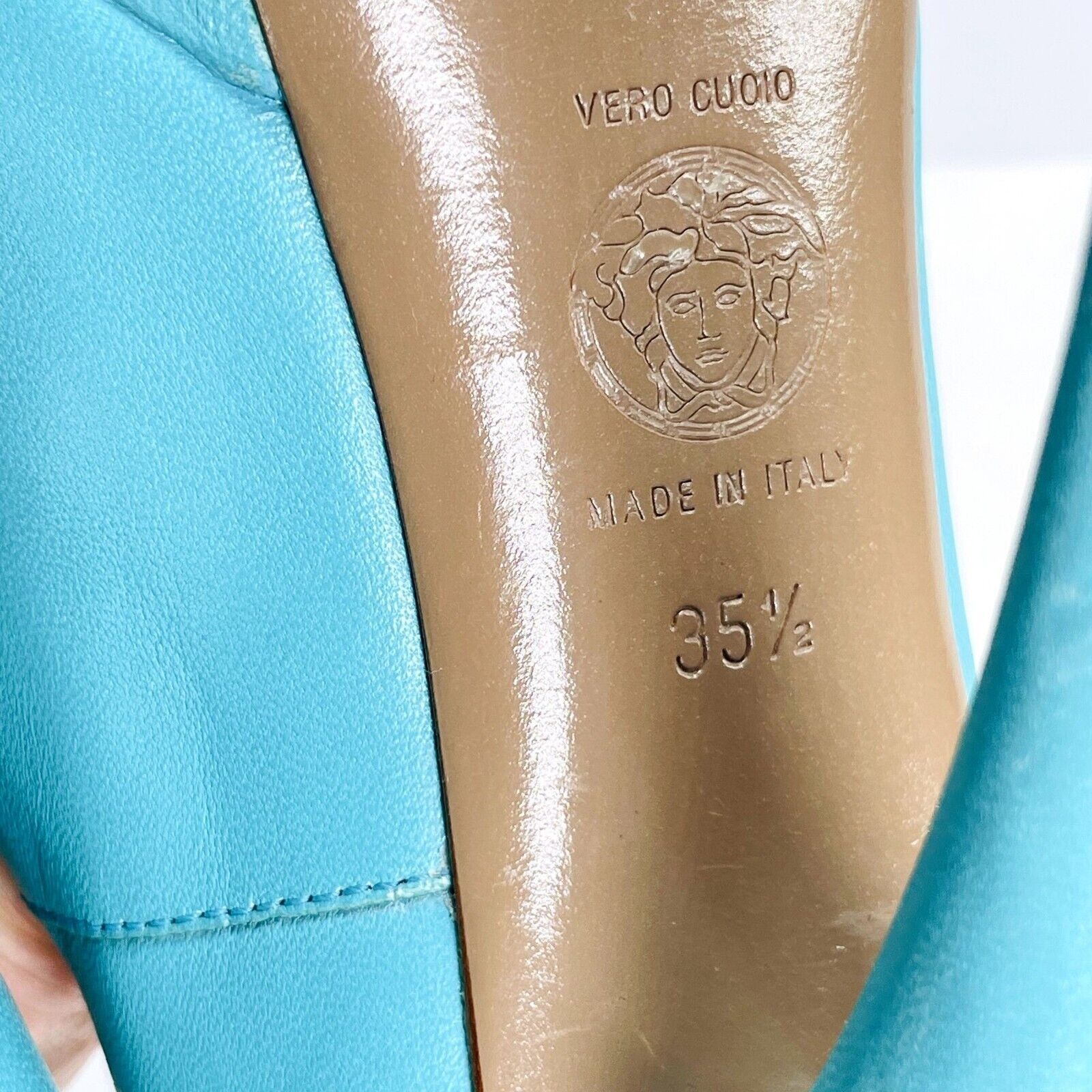 Versace Womens Turquoise Leather Peep Toe Double … - image 8
