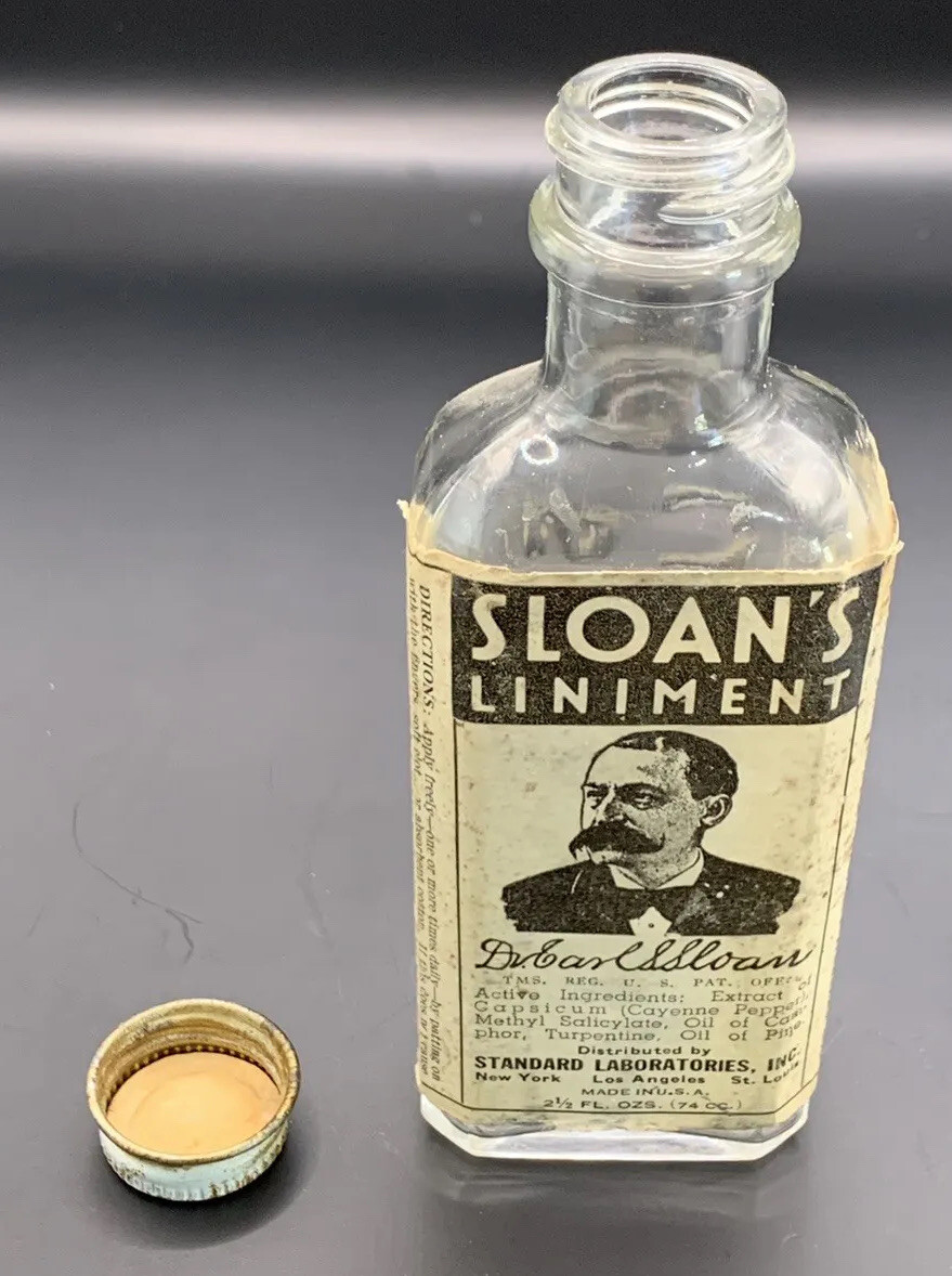 Old Bottle Empty SLOANS LINIMENT w Original Paper Label Nice Graphics Made in US