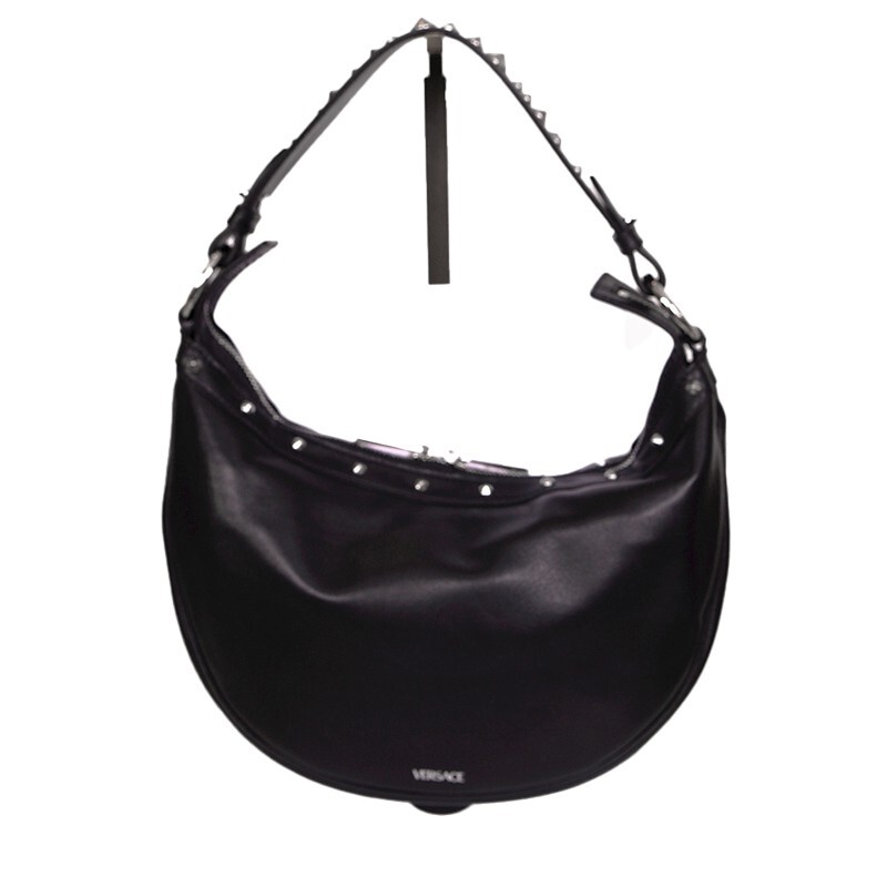 NEW VERSACE $2,175 Black Leather STUDDED RUNWAY REPEAT HOBO BAG