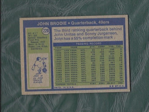 Tarjeta de fútbol americano 1972 Topps #220 John Brodie San Francisco 49ers en muy buen estado HoFer - Imagen 2 de 2