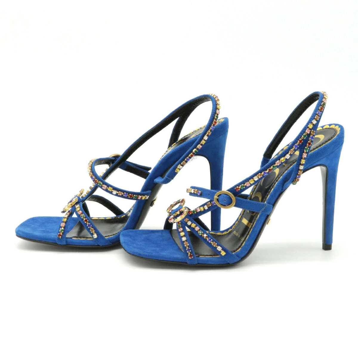 GUCCI sandals stiletto heel ribbon heart sole suede rhinestone blue #34 Japanese thumbnail 2