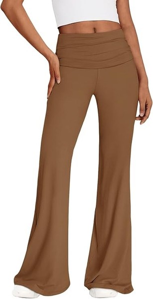 Damen Hose Weites Bein Leggings High Waist Flare Elegant Nylon Elasthan Braun Xl-image