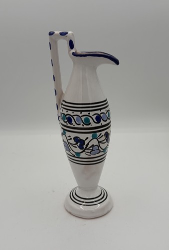 Vintage Italian Blue Floral Long Handled Art Pottery Ewer Pitcher 8"