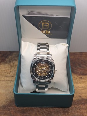 New BIBI Automatic Skeleton Watch 42mm SS Silver Bracelet Box Papers