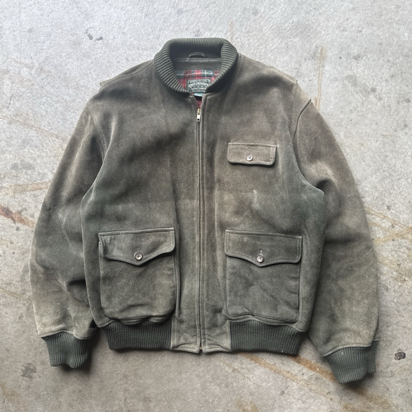 Polo Country Ralph Lauren Men's Green Leather Bomber Jacket Zip Lined L 90s