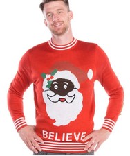 Tipsy Elves Black Santa Claus Believe Ugly Christmas Sweater Red White Striped L