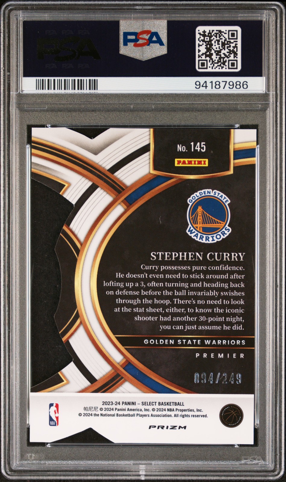 2023 Panini Select #145 Stephen Curry Die-Cut Blue Prizm PSA 9 #/249 view 2