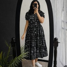 Women's Black Rayon Printed Midi Dress Puff Sleeve Tiered Casual Dress