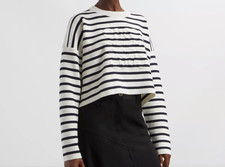 NWT LOEWE Soft White/Navy Striped Embossed Anagram Sweater Size XS