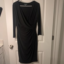 Lauren Ralph Lauren Faux Wrap Dress Womens 16 Black Ruched 3/4 Sleeve Classic