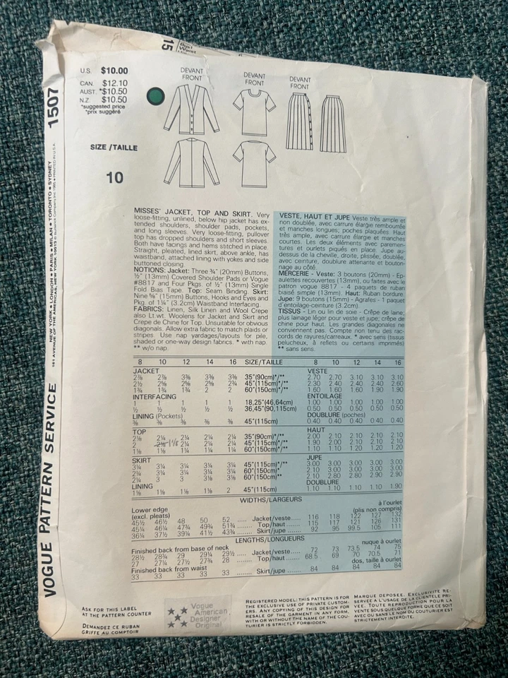 FREE SHIP! 1507 Vogue American Designer Calvin Klein Sz 10 Jacket, Dress and Top - Image 2 of 2