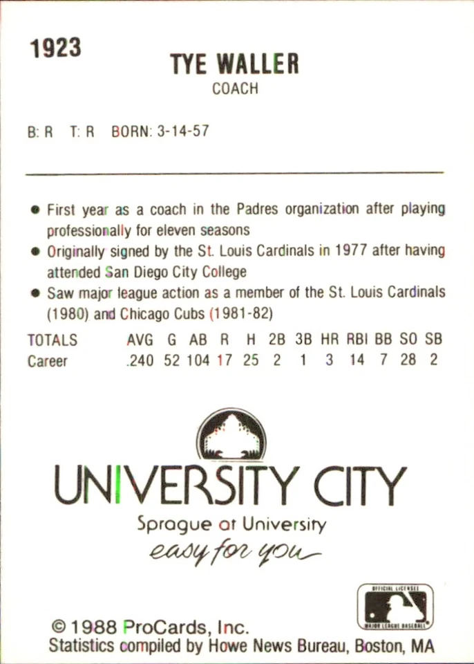 Tye Waller 1988 ProCards #1923 RC Spokane Indians *AutographDen* - Image 2 of 2