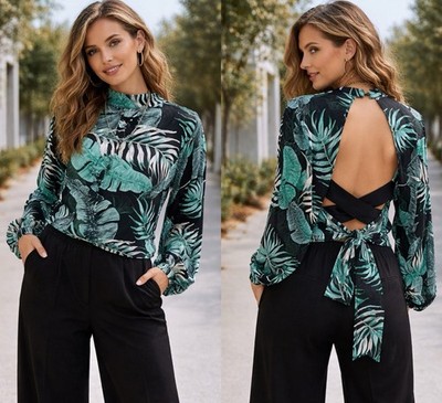 Garcia tropical Print Open Back Crop Blouse Chic Boho Fairy Core Cottage Core M