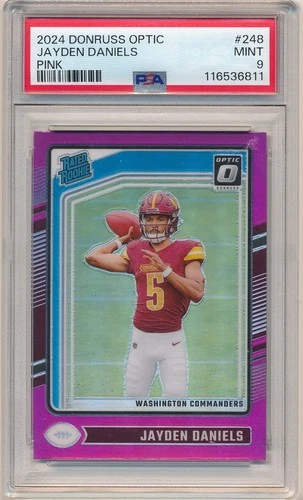 JAYDEN DANIELS 2024 DONRUSS OPTIC #248 RC ROOKIE PINK HOLO PRIZMS SP PSA 9 MINT