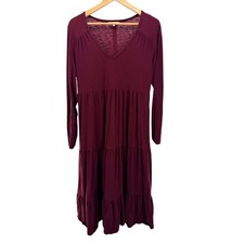 Z Supply Burgundy Cotton Slub Tiered Midi Dress Long Sleeve V-Neck S Casual