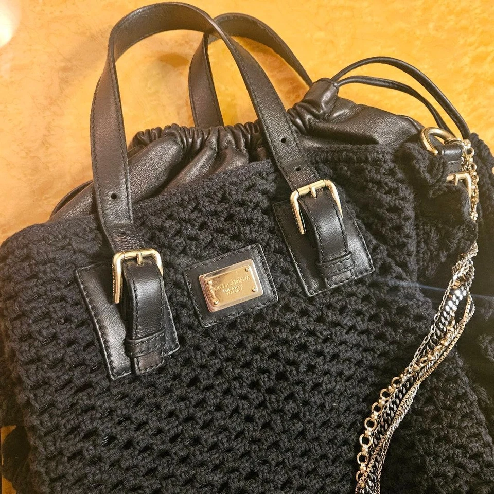 Bolso de Mano DOLCE & GABBANA Tejido Volantes Negro Flecos Doble Asas para Mujer Foto 3 de 4