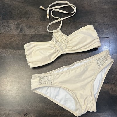 NWOT Ella Moss Boho Cream Crochet Bandeau Swimsuit Bikini Set XS *pls Read Desc.