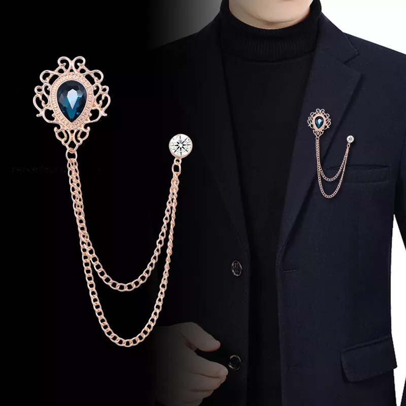 Men'S Crystal Brooch With Chain Tassels Lapel Pin Shirt Suit Mens  Rhinestone | Ebay