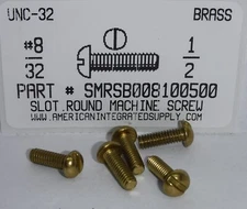 #8-32x1/2 Round Head Slotted Machine Screws Solid Brass (20)