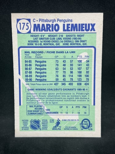 1990-91 OPC #175 Mario Lemieux Pittsburgh Penguins NrMt 1 - Bild 2 von 2