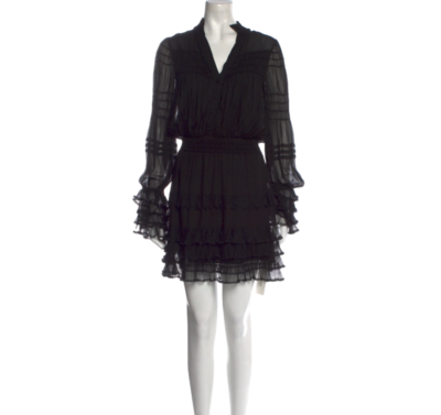 Alexis Shannon Smocked Ruffle Mini Dress Womens XS Black V-Neck Long Sleeve  Silk | eBay