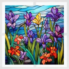 Wildflowers Faux Stained-Glass WINDOW CLING Sun-catcher Size 8" Square Vinyl