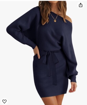 Merokeety Navy Size M Batwing Off Shoulder Long Sleeve Knit Mini Dress Belt 