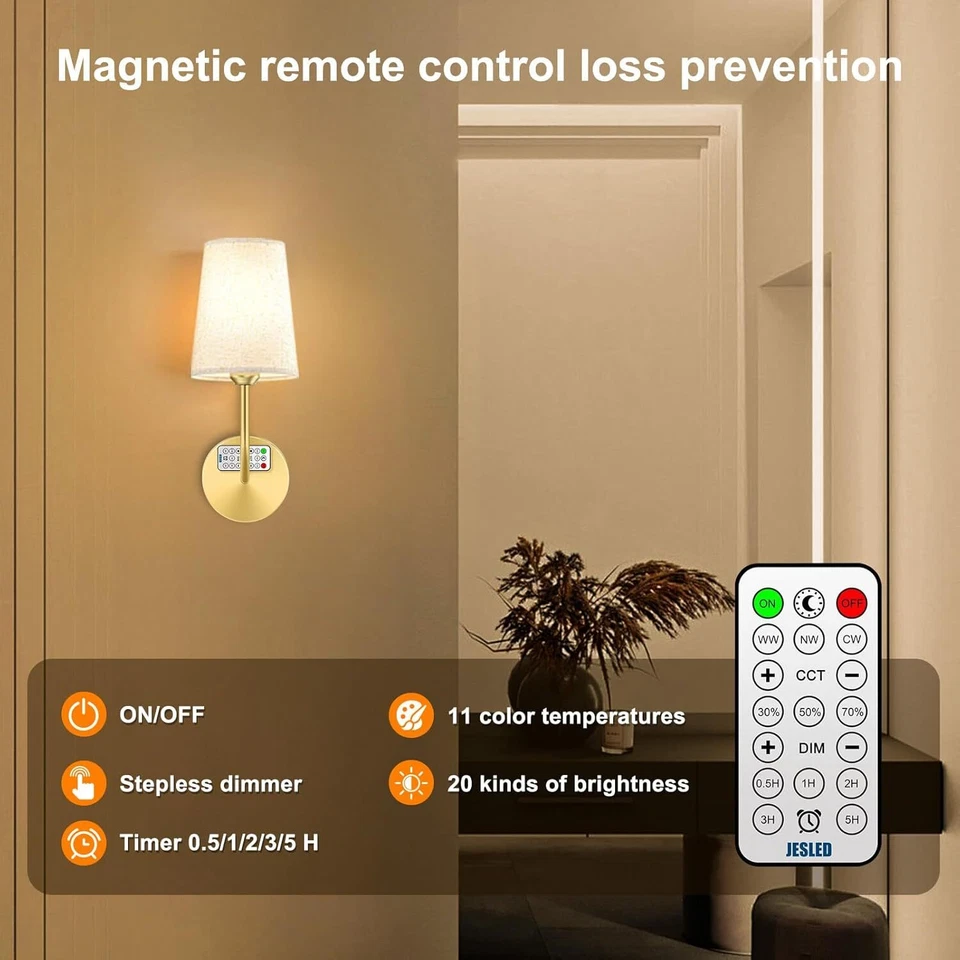 Battery Operated Wall Sconce Lamps Wall Lights Remote Control Dimmable Gold Home - Image 4 of 4