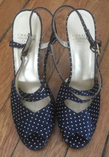 Vintage Charles Jourdan France Blue Polka Dot Silk High Heels - 7 N