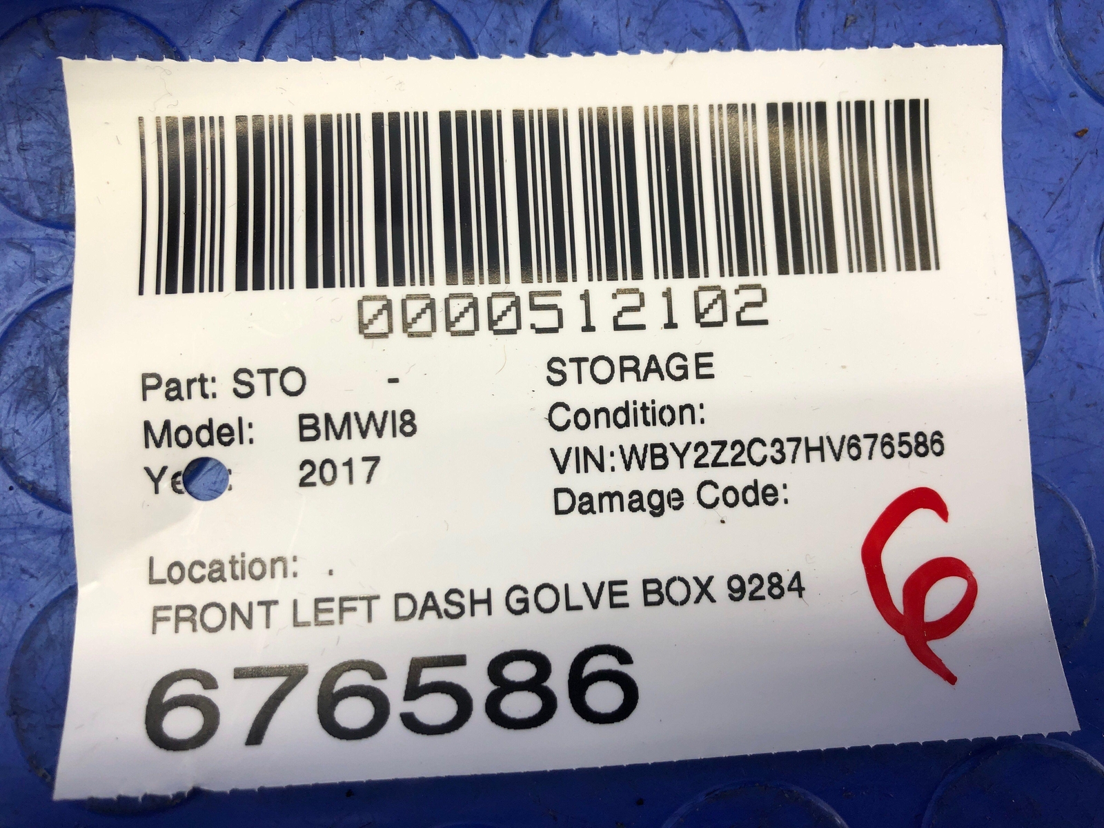 2014-2019 BMW I8 OEM FRONT LEFT DASH GOLVE BOX 9284726