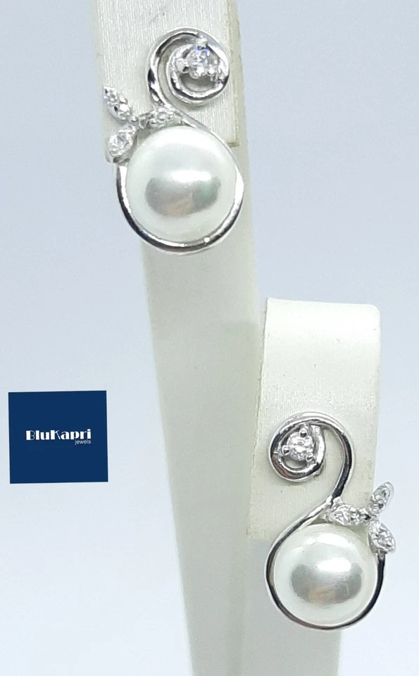 Orecchini Donna  Argento 925 con Perla 8 mm e zirconi - Immagine 4 di 4